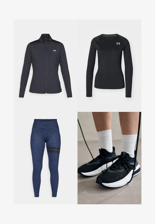 Black athletic jacket made of smooth, stretchy fabric with a high collar and full zipper, featuring a small white logo on the upper left side.; Black long-sleeve athletic shirt made of smooth fabric, featuring a round neckline and a small white logo on the left chest.; Blue leggings featuring a speckled pattern of black dots, a high waistband, and a black accent stripe across the side. Made of stretch fabric.; Black athletic shoes with textured fabric, white sole, and black laces. Worn with white ribbed socks, standing on a light surface.