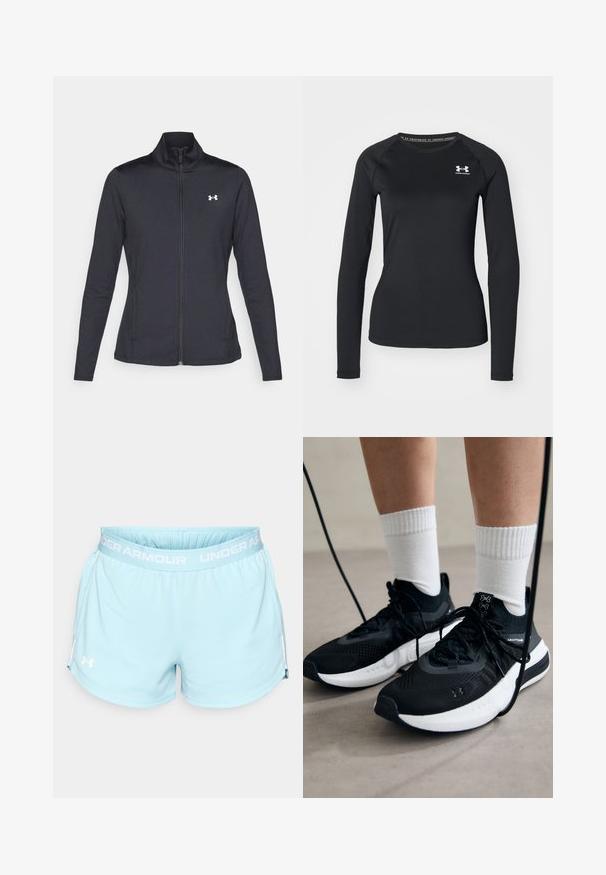 Čierna športová bunda vyrobená z hladkého, elastického materiálu s vysokým golierom a plným zipsom, s malým bielym logom na hornej ľavej strane.; Čierne športové tričko s dlhým rukávom z hladkej látky, so zaobleným výstrihom a malým bielym logom na ľavej hrudi.; Svetlomodré športové šortky s elastickým pásom, ktoré majú biele logo "UNDER ARMOUR" a jemné bočné rozparky na leme.; Čierne športové topánky s textúrovanou tkaninou, bielou podrážkou a čiernymi šnúrkami. Nosené s bielymi rebrovanými ponožkami, postavené na svetlom povrchu.