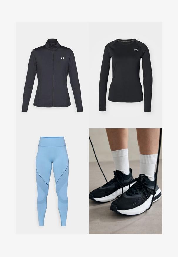 Czarna sportowa kurtka z gładkiego, elastycznego materiału, z wysokim kołnierzem i pełnym zamkiem, z małym białym logo na górnej lewej stronie.; Czarna, długosleeve'owa koszulka sportowa z gładkiego materiału, z okrągłym dekoltem i małym białym logo na lewej piersi.; Jasnoniebieskie legginsy z elastycznego materiału, z wysokim stanem, zakrzywionymi szwami i teksturowanymi skośnymi wzorami po bokach.; Czarne buty sportowe z teksturowanym materiałem, białą podeszwą i czarnymi sznurowadłami. Nosi je osoba w białych skarpetkach w prążki, stojąca na jasnej powierzchni.