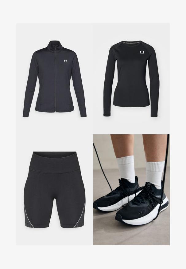 Czarna sportowa kurtka z gładkiego, elastycznego materiału, z wysokim kołnierzem i pełnym zamkiem, z małym białym logo na górnej lewej stronie.; Czarna, długosleeve'owa koszulka sportowa z gładkiego materiału, z okrągłym dekoltem i małym białym logo na lewej piersi.; Czarne szorty sportowe z wysokim stanem, wykonane z elastycznego materiału. Posiadają elegancki design oraz subtelne szare paski po bokach.; Czarne buty sportowe z teksturowanym materiałem, białą podeszwą i czarnymi sznurowadłami. Nosi je osoba w białych skarpetkach w prążki, stojąca na jasnej powierzchni.