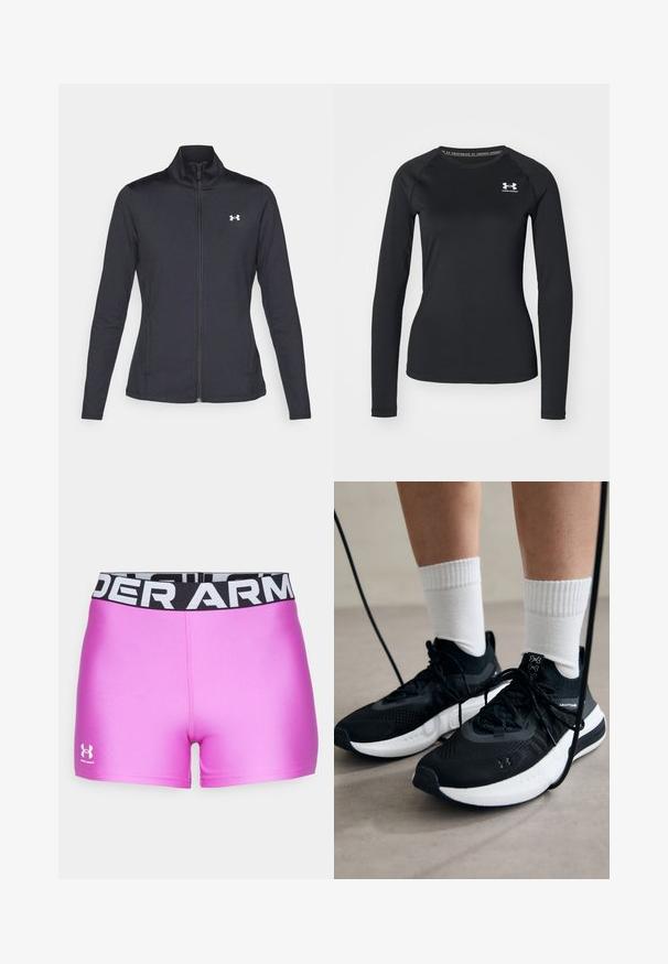 Zwarte sportjack gemaakt van glad, rekbaar materiaal met een hoge kraag en een volledige ritssluiting, met een klein wit logo op de bovenste linkerkant.; Zwart sportshirt met lange mouwen, gemaakt van een gladde stof, met een ronde halslijn en een klein wit logo op de linkerborst.; Roze sportshorts met een gladde textuur. Zwarte tailleband met "UNDER ARMOUR" in witte letters. Logo op het linkerbeen.; Zwarte sportschoenen van gestructureerde stof, met een witte zool en zwarte veters. Draag ze met witte geribde sokken, staand op een lichte ondergrond.