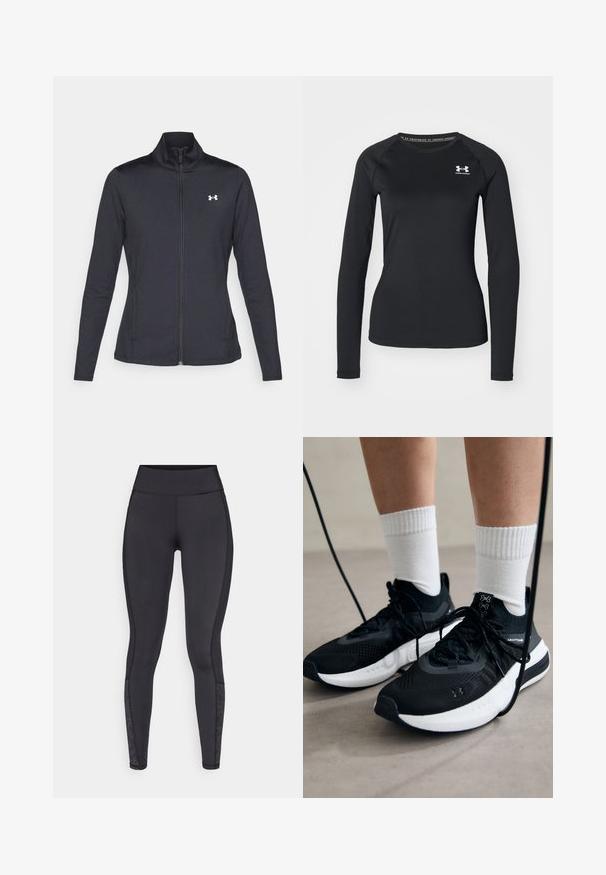 Zwarte sportjack gemaakt van glad, rekbaar materiaal met een hoge kraag en een volledige ritssluiting, met een klein wit logo op de bovenste linkerkant.; Zwart sportshirt met lange mouwen, gemaakt van een gladde stof, met een ronde halslijn en een klein wit logo op de linkerborst.; Zwarte leggings van rekbaar materiaal. Hoge tailleband, gladde textuur, met patroonaccenten aan de onderkant van het been.; Zwarte sportschoenen van gestructureerde stof, met een witte zool en zwarte veters. Draag ze met witte geribde sokken, staand op een lichte ondergrond.