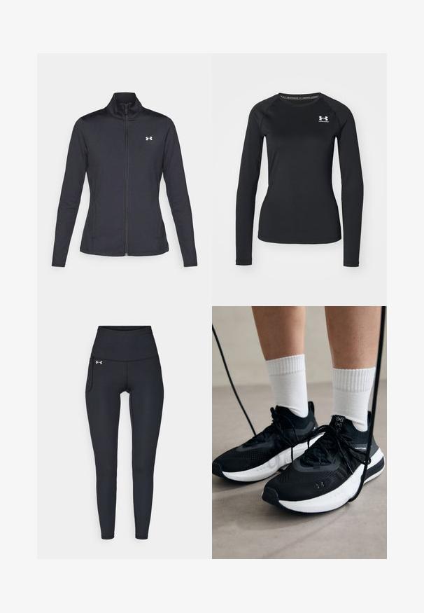 Zwarte sportjack gemaakt van glad, rekbaar materiaal met een hoge kraag en een volledige ritssluiting, met een klein wit logo op de bovenste linkerkant.; Zwart sportshirt met lange mouwen, gemaakt van een gladde stof, met een ronde halslijn en een klein wit logo op de linkerborst.; Zwarte hoge sportleggingen met een zijzak en een klein wit Under Armour-logo op de linkerheup.; Zwarte sportschoenen van gestructureerde stof, met een witte zool en zwarte veters. Draag ze met witte geribde sokken, staand op een lichte ondergrond.