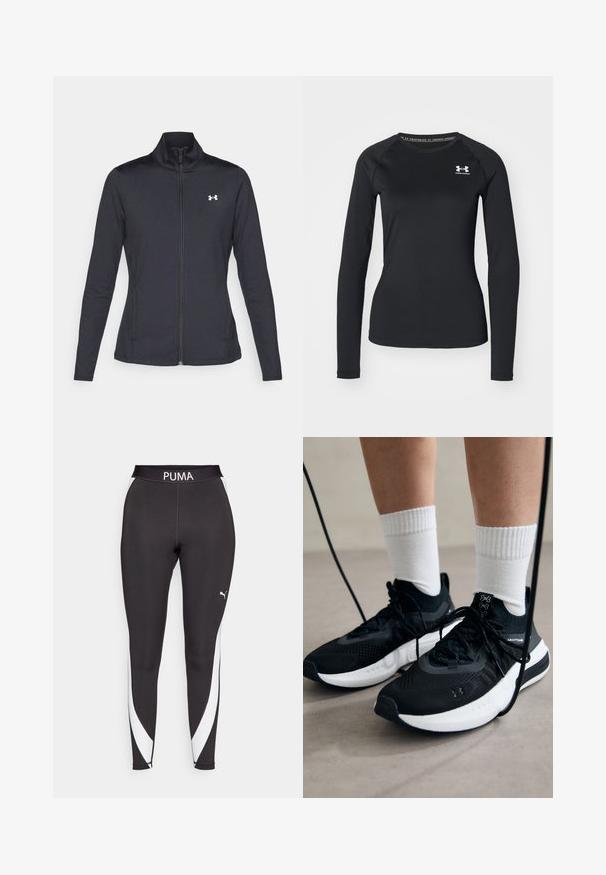 Czarna sportowa kurtka z gładkiego, elastycznego materiału, z wysokim kołnierzem i pełnym zamkiem, z małym białym logo na górnej lewej stronie.; Czarna, długosleeve'owa koszulka sportowa z gładkiego materiału, z okrągłym dekoltem i małym białym logo na lewej piersi.; Czarne legginsy sportowe z białą boczną wstawką, logo PUMA na górnej części pasa i gładkim, elastycznym materiałem.; Czarne buty sportowe z teksturowanym materiałem, białą podeszwą i czarnymi sznurowadłami. Nosi je osoba w białych skarpetkach w prążki, stojąca na jasnej powierzchni.
