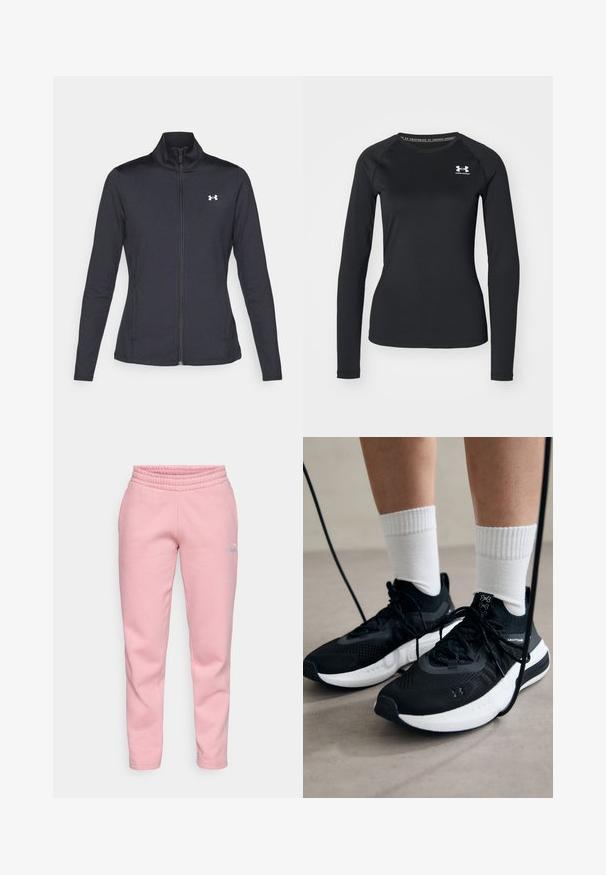 Black athletic jacket made of smooth, stretchy fabric with a high collar and full zipper, featuring a small white logo on the upper left side.; Black long-sleeve athletic shirt made of smooth fabric, featuring a round neckline and a small white logo on the left chest.; Light pink sweatpants with a ribbed elastic waistband, tapered legs, and small logo detail in a contrasting color on the side.; Black athletic shoes with textured fabric, white sole, and black laces. Worn with white ribbed socks, standing on a light surface.