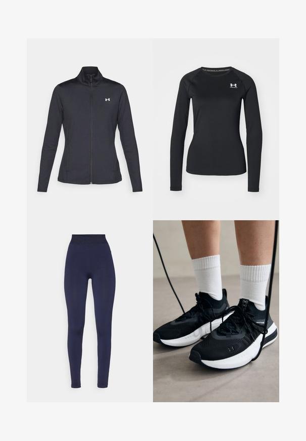 Čierna športová bunda vyrobená z hladkého, elastického materiálu s vysokým golierom a plným zipsom, s malým bielym logom na hornej ľavej strane.; Čierne športové tričko s dlhým rukávom z hladkej látky, so zaobleným výstrihom a malým bielym logom na ľavej hrudi.; Námorní legíny s vysokým pásom, ktorý má textúrovaný elastický pruh. Tvarujúci dizajn s hladkým materiálom a žiadnymi viditeľnými švami.; Čierne športové topánky s textúrovanou tkaninou, bielou podrážkou a čiernymi šnúrkami. Nosené s bielymi rebrovanými ponožkami, postavené na svetlom povrchu.