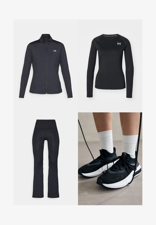 Czarna sportowa kurtka z gładkiego, elastycznego materiału, z wysokim kołnierzem i pełnym zamkiem, z małym białym logo na górnej lewej stronie.; Czarna, długosleeve'owa koszulka sportowa z gładkiego materiału, z okrągłym dekoltem i małym białym logo na lewej piersi.; Czarne spodnie legginsy flare wykonane z elastycznej tkaniny z wysokim stanem. Charakteryzują się gładką teksturą i minimalnymi detalami szwów.; Czarne buty sportowe z teksturowanym materiałem, białą podeszwą i czarnymi sznurowadłami. Nosi je osoba w białych skarpetkach w prążki, stojąca na jasnej powierzchni.