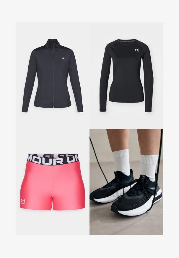 Melnās sporta jakas izgatavotas no gludas, elastīgas auduma ar augstu apkakli un pilnu rāvējslēdzēju, ar nelielu baltu logo augšējā kreisajā pusē.; Melna garām piedurknēm sporta krekls, izgatavots no izlīdzinātas auduma, ar apaļu kakla izgriezumu un mazu baltu logotipu kreisajā krūtī.; Rozā sporta šorti ar melnu jostu, uz kuras ir balti uzrakstīts "UNDER ARMOUR". Gluda tekstūra, piegulošs dizains un īsāki līdz vidum augšstilbam.; Melni sporta apavi ar strukturētu audumu, balta zole un melni šņores. Valkāti ar baltām ribotām zeķēm, stāvot uz gaišas virsmas.