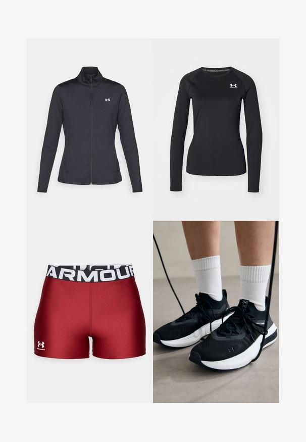 Giacca sportiva nera realizzata in tessuto morbido ed elasticizzato, con colletto alto e zip completa, caratterizzata da un piccolo logo bianco sul lato sinistro superiore.; Maglietta sportiva nera a maniche lunghe realizzata in tessuto liscio, con scollatura tonda e un piccolo logo bianco sul lato sinistro del petto.; Under Armour HEATGEAR SHORTY - Leggings - cardinal/white; Scarpe sportive nere con tessuto testurizzato, suola bianca e lacci neri. Indossate con calzini bianchi a costine, in piedi su una superficie chiara.