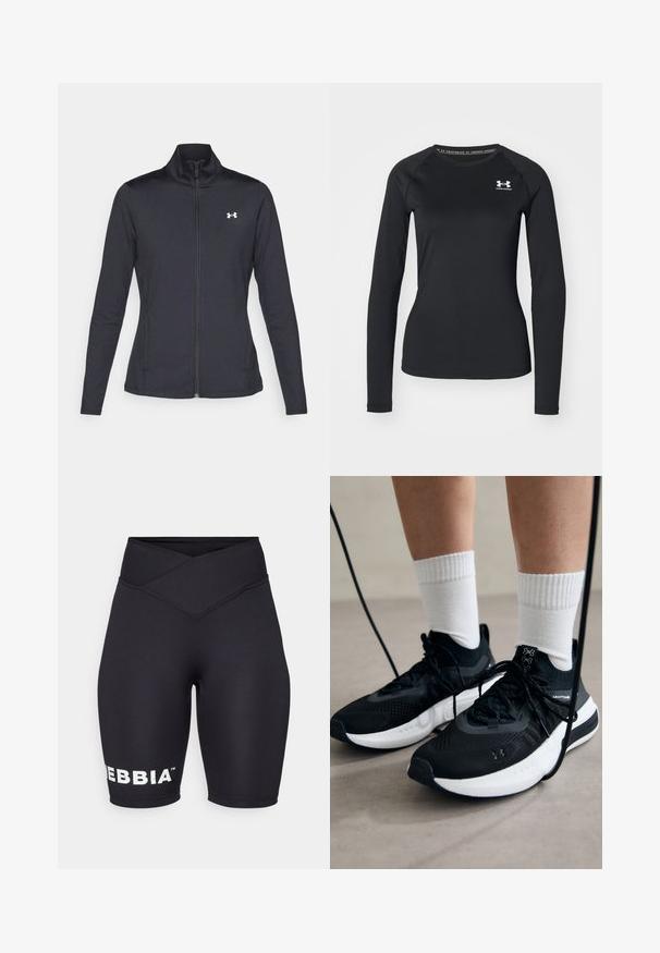 Črna atletska jakna iz gladkega, raztegljivega blaga z visokim ovratnikom in polnim zadrgo, ki ima majhen bel logotip na zgornji levi strani.; Črna dolga športna majica s splošno teksturo, ki ima okroglo izrezovanje in majhen bel znak na levem prsnem delu.; Črne kolesarske hlače z visokim, prečnim pasom. Narejene iz raztegljivega materiala z belim logotipom "DEBBIA" na levem nogavici. Gladka tekstura.; Črne športne čevlje z strukturirano tkanino, belo podplatom in črnimi vezalkami. Nosi se z belimi rebrastimi nogavicami, stoje na svetli površini.
