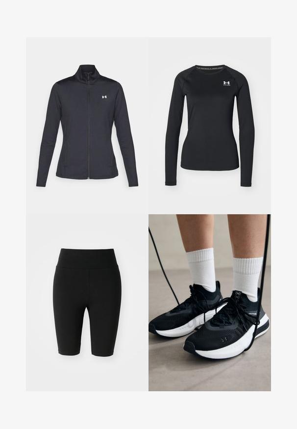 Casaco atlético preto feito de um tecido liso e elástico, com gola alta e zíper completo, apresentando um pequeno logótipo branco no canto superior esquerdo.; Camisola atlética de manga longa preta, feita de tecido suave, com decote redondo e um pequeno logótipo branco no lado esquerdo do peito.; Calças de bicicleta pretas feitas de tecido elástico, com uma cintura alta e um design sem costuras. O comprimento chega um pouco acima do joelho.; Sapatilhas desportivas pretas com tecido texturizado, sola branca e atacadores pretos. Usadas com meias brancas caneladas, a pé sobre uma superfície clara.