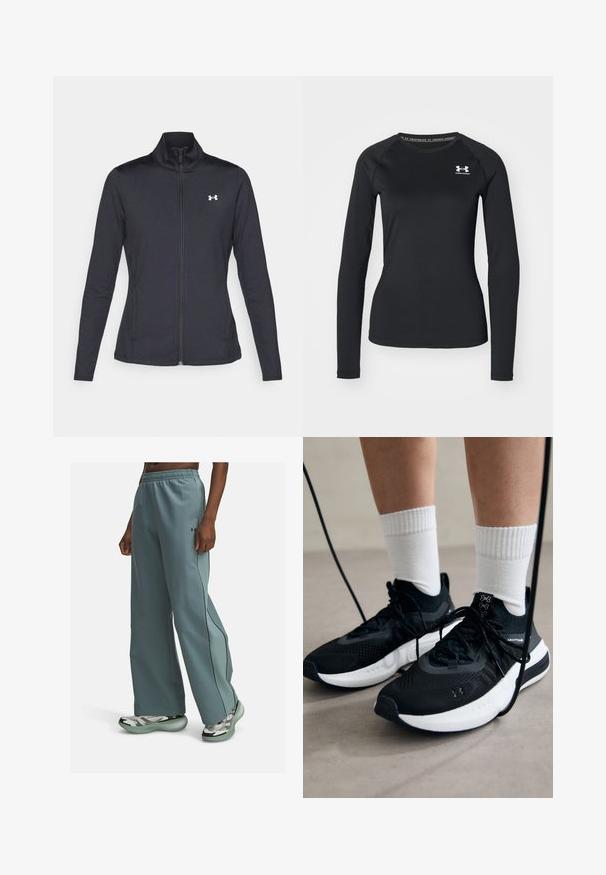 Zwarte sportjack gemaakt van glad, rekbaar materiaal met een hoge kraag en een volledige ritssluiting, met een klein wit logo op de bovenste linkerkant.; Zwart sportshirt met lange mouwen, gemaakt van een gladde stof, met een ronde halslijn en een klein wit logo op de linkerborst.; Lichtgroene wijde broek van gladde stof, voorzien van zwarte zijkanten en een elastische tailleband voor comfort.; Zwarte sportschoenen van gestructureerde stof, met een witte zool en zwarte veters. Draag ze met witte geribde sokken, staand op een lichte ondergrond.