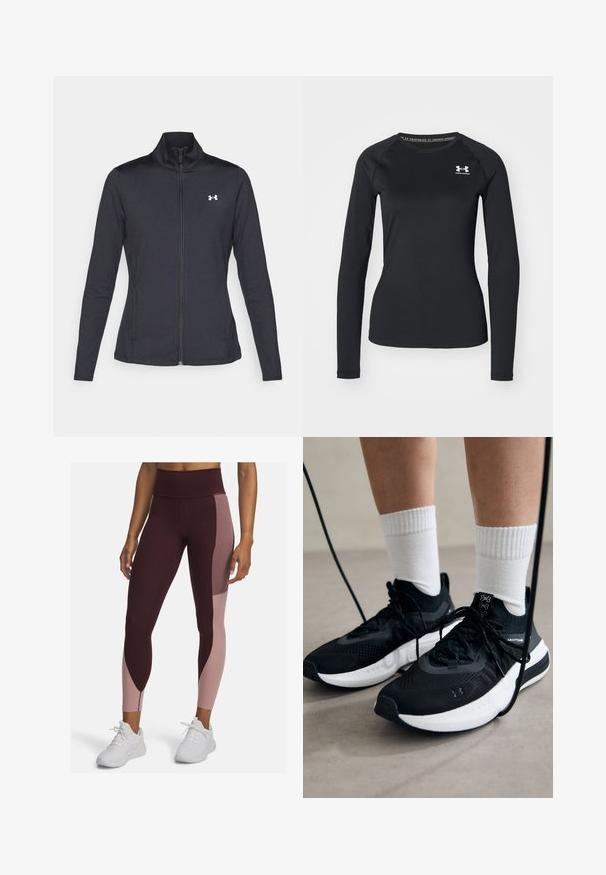 Musta urheilutakki, joka on valmistettu sileästä ja joustavasta kankaasta. Takissa on korkea kaulus ja täysipitkä vetoketju, sekä pieni valkoinen logo vasemmalla ylhäällä.; Musta pitkähihainen urheilupaita, joka on valmistettu sileästä kankaasta. Paidassa on pyöreä kaula-aukko ja pieni valkoinen logo vasemmalla rinnalla.; Korkeavyötäröiset leggingit tumman viininpunaisena ja pehmeänä vaaleanpunaisena, joissa on väri-blokkausdesign ja sileä pinta, yhdistettynä valkoisiin urheilukenkäs.; Mustat urheilukengät, joissa on teksturoitua kangasta, valkoiset pohjat ja mustat nauhat. Yhdistetty valkoisten urheilusukkien kanssa, seisten vaalealla pinnalla.