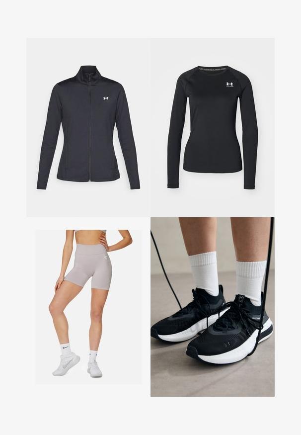 Zwarte sportjack gemaakt van glad, rekbaar materiaal met een hoge kraag en een volledige ritssluiting, met een klein wit logo op de bovenste linkerkant.; Zwart sportshirt met lange mouwen, gemaakt van een gladde stof, met een ronde halslijn en een klein wit logo op de linkerborst.; Lichtgrijze high-waisted shorts met een gladde textuur en een subtiele gradientpatroon. Voorzien van een klein logo aan de zijkant.; Zwarte sportschoenen van gestructureerde stof, met een witte zool en zwarte veters. Draag ze met witte geribde sokken, staand op een lichte ondergrond.