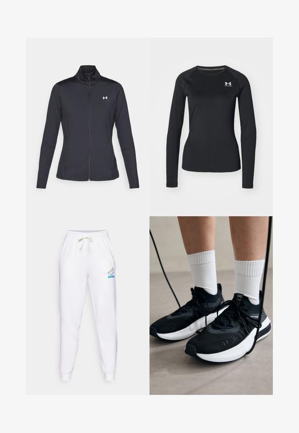 Fekete sportos dzseki sima, rugalmas anyagból, magas gallérral és teljes cipzárral, az elülső bal oldalon egy kis fehér logóval.; Fekete, hosszú ujjú sportpóló sima anyagból, kerek nyakkivágással és egy kis fehér logóval a bal mellrészen.; Fehér melegítőnadrág elasztikus derékkal és állítható zsinórral. Bal combnál kék és színes Lotto logó található.; Fekete sportcipők textúrált anyagból, fehér talppal és fekete fűzőkkel. Fehér bordázott zoknikkal viselve, világos felületen állva.