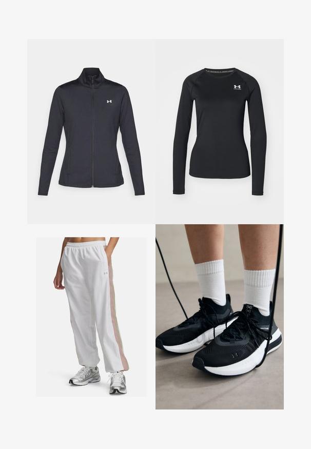 Melnās sporta jakas izgatavotas no gludas, elastīgas auduma ar augstu apkakli un pilnu rāvējslēdzēju, ar nelielu baltu logo augšējā kreisajā pusē.; Melna garām piedurknēm sporta krekls, izgatavots no izlīdzinātas auduma, ar apaļu kakla izgriezumu un mazu baltu logotipu kreisajā krūtī.; Balti sporta bikses ar elastīgu jostasvietu, kuru sānos ir gaiši rozā un bēša krāsas svītras. Izgatavotas no viegla, gluda auduma.; Melni sporta apavi ar strukturētu audumu, balta zole un melni šņores. Valkāti ar baltām ribotām zeķēm, stāvot uz gaišas virsmas.