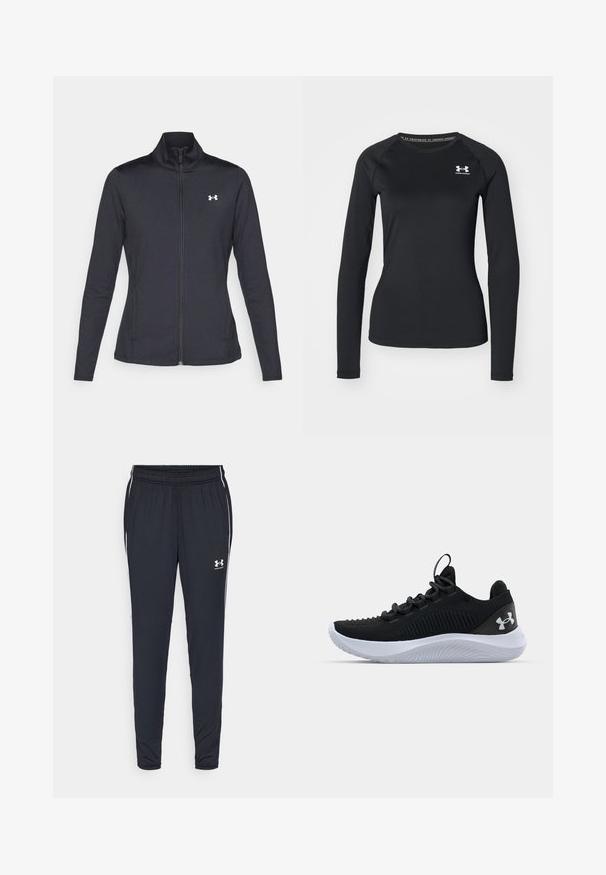 Svart idrottsjacka i slät, elastisk tyg med hög krage och hel dragkedja, med en liten vit logotyp på övre vänstra sidan.; Svart långärmad träningströja i glatt material, med rund halsringning och en liten vit logotyp på vänster bröst.; Svarta träningsbyxor i lätt material, med en tapered design, elastisk midja och vita sidostreck med en logotyp.; Svarta atletiska skor med ett andningsbart meshtak, texturerade detaljer och en vit gummisula. Har platta skosnören och en hällapp vid hälen.