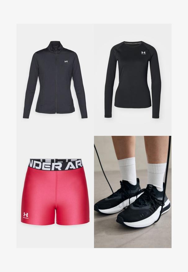 Czarna sportowa kurtka z gładkiego, elastycznego materiału, z wysokim kołnierzem i pełnym zamkiem, z małym białym logo na górnej lewej stronie.; Czarna, długosleeve'owa koszulka sportowa z gładkiego materiału, z okrągłym dekoltem i małym białym logo na lewej piersi.; Czerwone szorty sportowe o gładkiej fakturze, dopasowanym kroju i szerokim czarnym pasie w talii z białym napisem "UNDER ARMOUR".; Czarne buty sportowe z teksturowanym materiałem, białą podeszwą i czarnymi sznurowadłami. Nosi je osoba w białych skarpetkach w prążki, stojąca na jasnej powierzchni.