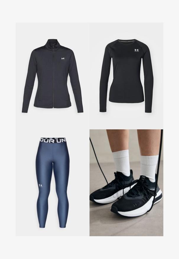 Black athletic jacket made of smooth, stretchy fabric with a high collar and full zipper, featuring a small white logo on the upper left side.; Black long-sleeve athletic shirt made of smooth fabric, featuring a round neckline and a small white logo on the left chest.; Navy blue fitted leggings with a smooth texture, elastic waistband featuring "UNDER ARMOUR" in white, and logo detail on the lower leg.; Black athletic shoes with textured fabric, white sole, and black laces. Worn with white ribbed socks, standing on a light surface.
