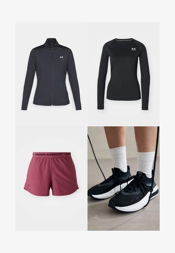 Juodas sportinis švarkas, pagamintas iš lygios, elastingos medžiagos, su aukštu apykakle ir pilnu užtrauktuku, su maža balta logo kairiajame viršutiniame kampe.; Juoda ilgarankovė sportinė marškinėlė, pagaminta iš lygaus audinio, su apvaliu kaklu ir maža balta logotipu kairėje krūtinės pusėje.; Tamsiai raudoni sportiniai šortai su lygiu paviršiumi, turintys juodą elastinį juosmens diržą su "UNDER ARMOUR" logotipu. Šoninės įpjovos dizainas, suteikiantis lankstumo.; Juodi sportiniai batai su tekstūruotu audiniu, balta padu ir juodais raiščiais. Dėvimi su baltais raištiniais kojiniais, stovint lengvame paviršiuje.