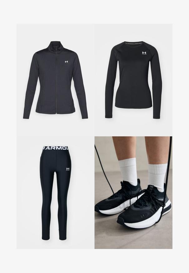 Melnās sporta jakas izgatavotas no gludas, elastīgas auduma ar augstu apkakli un pilnu rāvējslēdzēju, ar nelielu baltu logo augšējā kreisajā pusē.; Melna garām piedurknēm sporta krekls, izgatavots no izlīdzinātas auduma, ar apaļu kakla izgriezumu un mazu baltu logotipu kreisajā krūtī.; Jūras spēku sporta legingi ar baltu elastīgu jostu, uz kuras ir uzraksts "ARMOUR". Virs kreisā augšstilba atrodas mazs balts logo.; Melni sporta apavi ar strukturētu audumu, balta zole un melni šņores. Valkāti ar baltām ribotām zeķēm, stāvot uz gaišas virsmas.