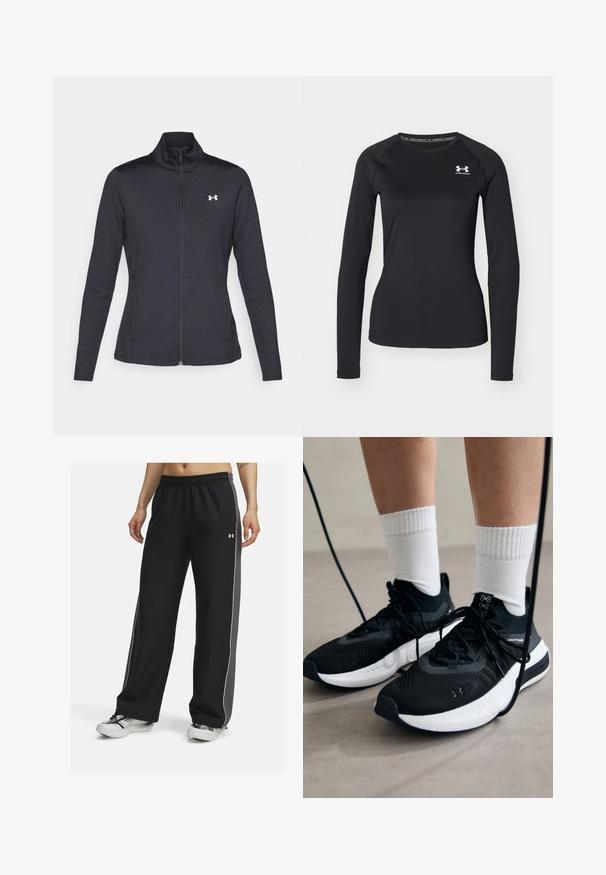 Czarna sportowa kurtka z gładkiego, elastycznego materiału, z wysokim kołnierzem i pełnym zamkiem, z małym białym logo na górnej lewej stronie.; Czarna, długosleeve'owa koszulka sportowa z gładkiego materiału, z okrągłym dekoltem i małym białym logo na lewej piersi.; Czarne spodnie sportowe z elastycznym pasem, kontrastowymi szarymi panelami bocznymi, białym wykończeniem i luźnym krojem, wykonane z gładkiego materiału.; Czarne buty sportowe z teksturowanym materiałem, białą podeszwą i czarnymi sznurowadłami. Nosi je osoba w białych skarpetkach w prążki, stojąca na jasnej powierzchni.