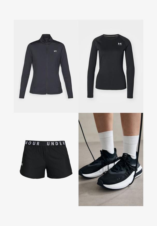 Giacca sportiva nera realizzata in tessuto morbido ed elasticizzato, con colletto alto e zip completa, caratterizzata da un piccolo logo bianco sul lato sinistro superiore.; Maglietta sportiva nera a maniche lunghe realizzata in tessuto liscio, con scollatura tonda e un piccolo logo bianco sul lato sinistro del petto.; Shorts sportivi neri realizzati in tessuto liscio. Presentano una cintura ampia con la scritta "UNDER ARMOUR" e un piccolo logo all'orlo.; Scarpe sportive nere con tessuto testurizzato, suola bianca e lacci neri. Indossate con calzini bianchi a costine, in piedi su una superficie chiara.