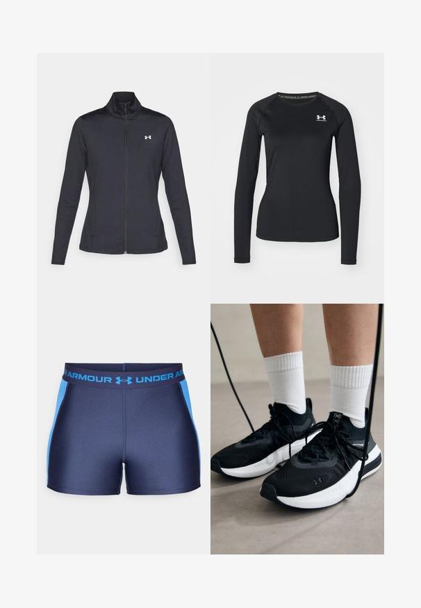 Musta urheilutakki, joka on valmistettu sileästä ja joustavasta kankaasta. Takissa on korkea kaulus ja täysipitkä vetoketju, sekä pieni valkoinen logo vasemmalla ylhäällä.; Musta pitkähihainen urheilupaita, joka on valmistettu sileästä kankaasta. Paidassa on pyöreä kaula-aukko ja pieni valkoinen logo vasemmalla rinnalla.; Laivastonsiniset urheilushortsit, joissa on vaaleansiniset sivupaneelit. Varustettu joustavalla vyötärönauhalla, jossa on Under Armour -logo. Sujuva ja venyvä kangas.; Mustat urheilukengät, joissa on teksturoitua kangasta, valkoiset pohjat ja mustat nauhat. Yhdistetty valkoisten urheilusukkien kanssa, seisten vaalealla pinnalla.