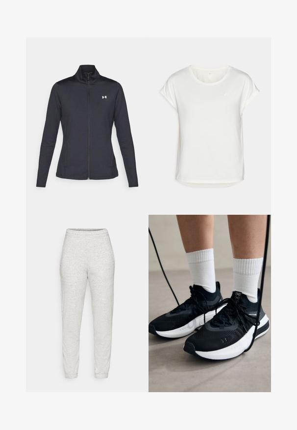 Czarna sportowa kurtka z gładkiego, elastycznego materiału, z wysokim kołnierzem i pełnym zamkiem, z małym białym logo na górnej lewej stronie.; Biała koszulka z krótkim rękawem, z okrągłym dekoltem, wykonana z gładkiego materiału. Posiada podwinięte rękawy i subtelny detal z logo na klatce piersiowej.; Jasnoszare dresy z miękkiego, teksturowanego materiału. Posiadają elastyczny pasek w talii i zwężane kostki. Prosty design bez kieszeni i wzorów.; Czarne buty sportowe z teksturowanym materiałem, białą podeszwą i czarnymi sznurowadłami. Nosi je osoba w białych skarpetkach w prążki, stojąca na jasnej powierzchni.