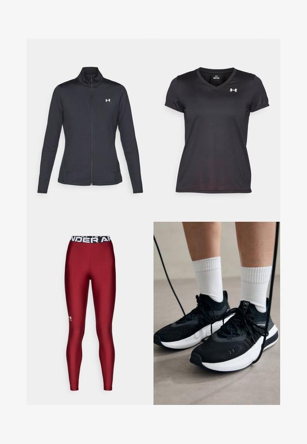 Črna atletska jakna iz gladkega, raztegljivega blaga z visokim ovratnikom in polnim zadrgo, ki ima majhen bel logotip na zgornji levi strani.; Črna kratka športna majica s kratkimi rokavi in dizajnom V-izreza, izdelana iz gladkega, vlago odmočnega materiala. Značilna bela podoba na prsih.; Bordo legice iz raztegljivega materiala z črnim elastičnim pasom, na katerem je v beli barvi napis "UNDER ARMOUR".; Črne športne čevlje z strukturirano tkanino, belo podplatom in črnimi vezalkami. Nosi se z belimi rebrastimi nogavicami, stoje na svetli površini.