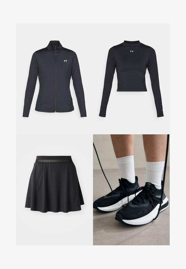 Musta urheilutakki, joka on valmistettu sileästä ja joustavasta kankaasta. Takissa on korkea kaulus ja täysipitkä vetoketju, sekä pieni valkoinen logo vasemmalla ylhäällä.; Musta pitkähihainen crop top, joka on valmistettu sileästä, joustavasta kankaasta. Hihassa on korkea kaulus ja pieni heijastava logo rinnassa.; Musta urheiluhame, jossa on kaartuva muotoilu, joustava vyötärö, jossa on verkkoaksentti, ja logolappu alareunassa.; Mustat urheilukengät, joissa on teksturoitua kangasta, valkoiset pohjat ja mustat nauhat. Yhdistetty valkoisten urheilusukkien kanssa, seisten vaalealla pinnalla.