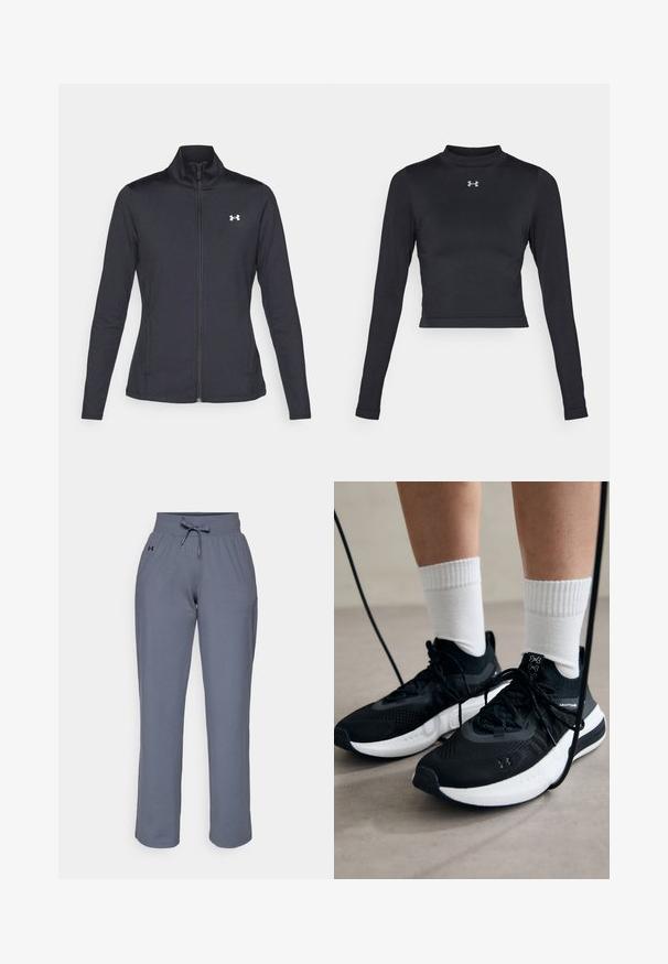 Čierna športová bunda vyrobená z hladkého, elastického materiálu s vysokým golierom a plným zipsom, s malým bielym logom na hornej ľavej strane.; Čierny dlhý rukáv crop top zo hladkej, elastickej látky s vysokým golierom a malým reflexným logom na hrudi.; Sivé tepláky vyrobené z mäkkej látky, s elastickým pásom, šnúrkou na zaviazanie a logom na boku. Priame nohavice.; Čierne športové topánky s textúrovanou tkaninou, bielou podrážkou a čiernymi šnúrkami. Nosené s bielymi rebrovanými ponožkami, postavené na svetlom povrchu.