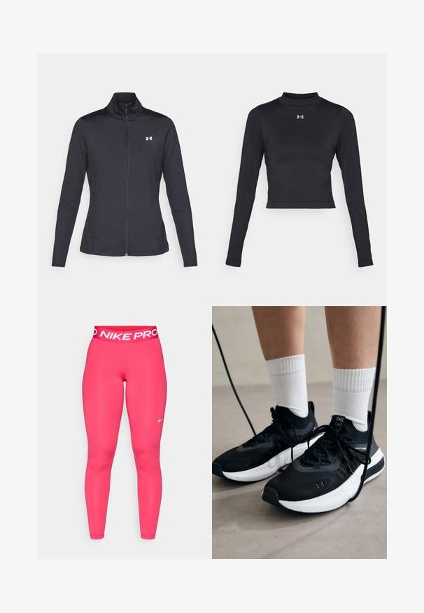 Musta urheilutakki, joka on valmistettu sileästä ja joustavasta kankaasta. Takissa on korkea kaulus ja täysipitkä vetoketju, sekä pieni valkoinen logo vasemmalla ylhäällä.; Musta pitkähihainen crop top, joka on valmistettu sileästä, joustavasta kankaasta. Hihassa on korkea kaulus ja pieni heijastava logo rinnassa.; Vaaleanpunaiset Nike Pro -leggingsit, joissa on leveä joustava vyötärö, jossa on valkoinen "NIKE PRO" -teksti ja pieni valkoinen logo vasemmassa reisissä.; Mustat urheilukengät, joissa on teksturoitua kangasta, valkoiset pohjat ja mustat nauhat. Yhdistetty valkoisten urheilusukkien kanssa, seisten vaalealla pinnalla.