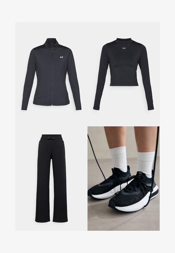 Schwarze Sportjacke aus glattem, dehnbarem Stoff mit hohem Kragen und durchgehendem Reißverschluss, ausgestattet mit einem kleinen weißen Logo auf der oberen linken Seite.; Schwarzes, langärmliges Crop-Top aus glattem, dehnbarem Material mit hochgeschlossenem Kragen und kleinem reflektierenden Logo auf der Brust.; Schwarze Jogginghose mit weitem Bein, elastischem Bund und einer Schleifenakzent-Detail. Glatte Textur ohne sichtbare Muster oder Beschläge.; Schwarze Sportschuhe aus strukturiertem Stoff, mit weißer Sohle und schwarzen Schnürsenkeln. Tragen mit weißen gerippten Socken, stehen auf einer hellen Fläche.
