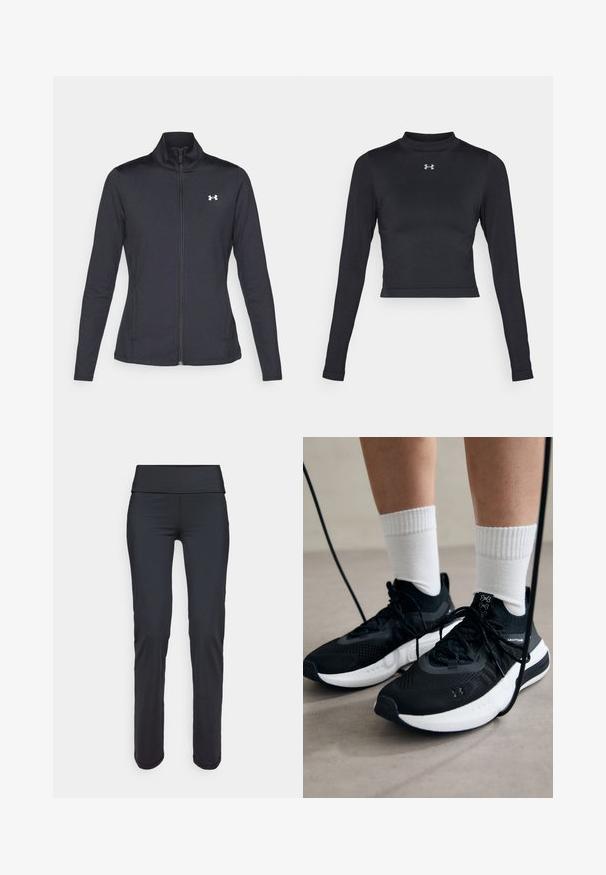 Casaco atlético preto feito de um tecido liso e elástico, com gola alta e zíper completo, apresentando um pequeno logótipo branco no canto superior esquerdo.; Top cropped de manga longa preto, feito de um tecido liso e elástico, com um decote alto e um pequeno logótipo refletor no peito.; Leggings atléticos pretos com uma cintura larga e suave. Feitas de um tecido elástico, apresentam um design elegante e afunilado, sem padrões visíveis.; Sapatilhas desportivas pretas com tecido texturizado, sola branca e atacadores pretos. Usadas com meias brancas caneladas, a pé sobre uma superfície clara.