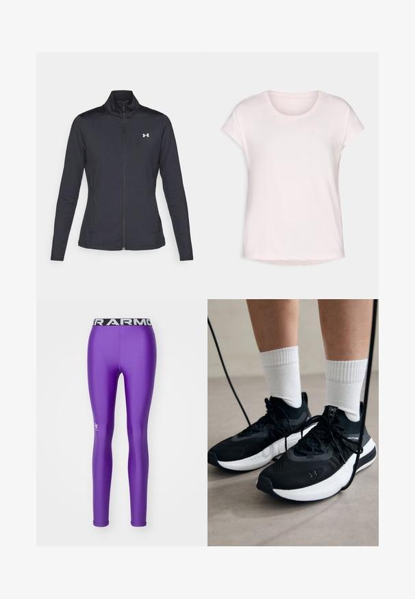 Črna atletska jakna iz gladkega, raztegljivega blaga z visokim ovratnikom in polnim zadrgo, ki ima majhen bel logotip na zgornji levi strani.; Svetlo roza kratka majica s kratkimi rokavi in okroglim izrezom, iz mehkega materiala, z rahlo ukrivljenim robom. Na prsih je subtilen logo.; Under Armour HEATGEAR - Pajkice - lavish/white; Črne športne čevlje z strukturirano tkanino, belo podplatom in črnimi vezalkami. Nosi se z belimi rebrastimi nogavicami, stoje na svetli površini.