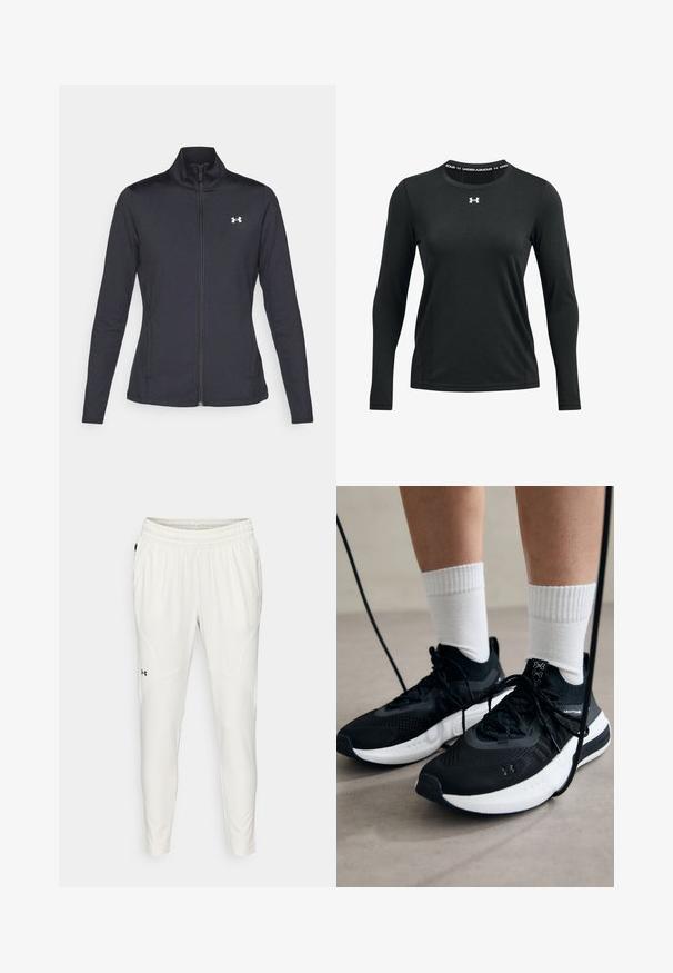 Czarna sportowa kurtka z gładkiego, elastycznego materiału, z wysokim kołnierzem i pełnym zamkiem, z małym białym logo na górnej lewej stronie.; Czarna, długosleeve'owa koszulka sportowa wykonana z gładkiego materiału. Posiada okrągły dekolt z logo Under Armour nadrukowanym na kołnierzyku.; Lekki, kremowy dres z elastycznym paskiem, zwężanym krojem, bocznymi kieszeniami oraz małym czarnym logo na lewej nogawce.; Czarne buty sportowe z teksturowanym materiałem, białą podeszwą i czarnymi sznurowadłami. Nosi je osoba w białych skarpetkach w prążki, stojąca na jasnej powierzchni.