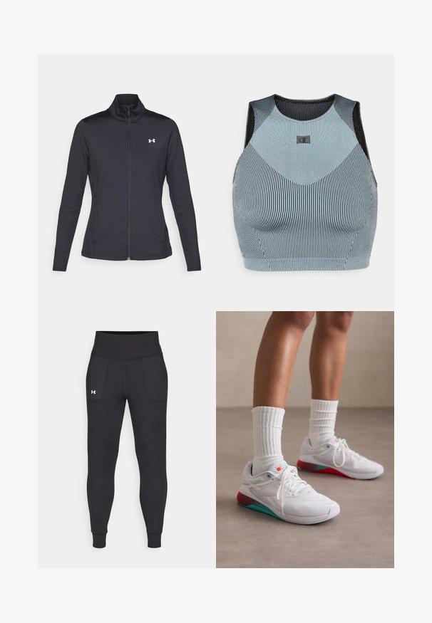 Zwarte sportjack gemaakt van glad, rekbaar materiaal met een hoge kraag en een volledige ritssluiting, met een klein wit logo op de bovenste linkerkant.; Champion GYM LIFESTYLE SEAMLESS TANK - Top - light blue; Zwarte sportleggings van rekbaar materiaal, met een hoge tailleband, zijzakken en aansluitende boorden bij de enkels.; Witte sportschoenen met een textuur bovenkant, turquoise accenten en een rode hiel. Gedirigeerd met geribbelde witte sokken. Heeft veters en branding.