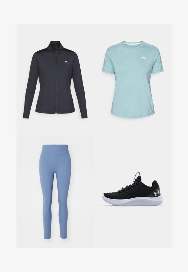 Svart idrottsjacka i slät, elastisk tyg med hög krage och hel dragkedja, med en liten vit logotyp på övre vänstra sidan.; Ljusblå kortärmad t-shirt gjord av mjukt tyg, med rund halsringning och en liten vit logotyp på bröstet. Sömmar är synliga.; Ljusblå ribbade leggings med hög midja, tillverkade av elastiskt material; har en slät textur och en figurnära design.; Svarta atletiska skor med ett andningsbart meshtak, texturerade detaljer och en vit gummisula. Har platta skosnören och en hällapp vid hälen.