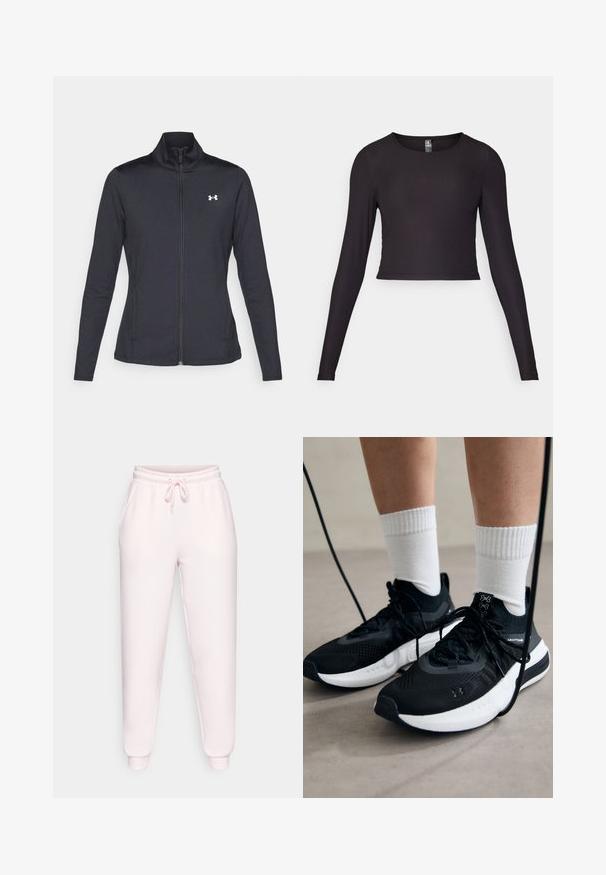 Chaqueta deportiva negra hecha de una tela suave y elástica, con cuello alto y cremallera completa, que presenta un pequeño logo blanco en la parte superior izquierda.; Top corto negro de manga larga hecho de tela acanalada. Presenta un cuello redondo y una silueta ajustada con superficie texturizada.; Pantalones de chándal de color rosa claro, hechos de una tela suave, que cuentan con una cintura elástica con cordón, bolsillos laterales y tobillos ceñidos.; Zapatillas deportivas negras con tela texturizada, suela blanca y cordones negros. Llevadas con calcetines blancos de canalé, de pie sobre una superficie clara.