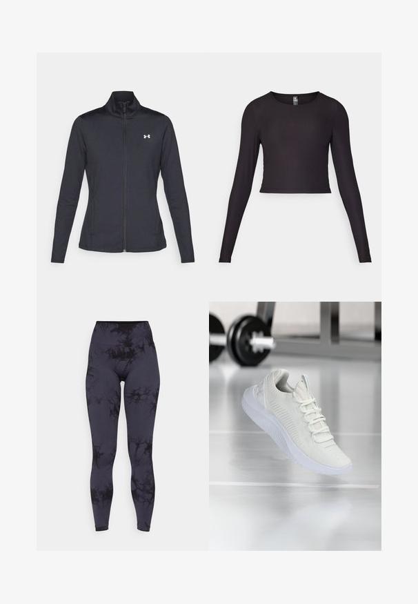 Zwarte sportjack gemaakt van glad, rekbaar materiaal met een hoge kraag en een volledige ritssluiting, met een klein wit logo op de bovenste linkerkant.; Zwart cropped top met lange mouwen, gemaakt van ribbelstof. Heeft een ronde halslijn en een getailleerde pasvorm met een gestructureerd oppervlak.; Hoge taille legging gemaakt van rekbare stof, met een zwart en donkergrijs tie-dye patroon, met een gladde textuur en een enkellange snit.; Witte sport sneaker met een gestructureerde mesh bovenkant en vetersysteem, voorzien van een gewatteerde witte zool en subtiele ribbelaccenten.