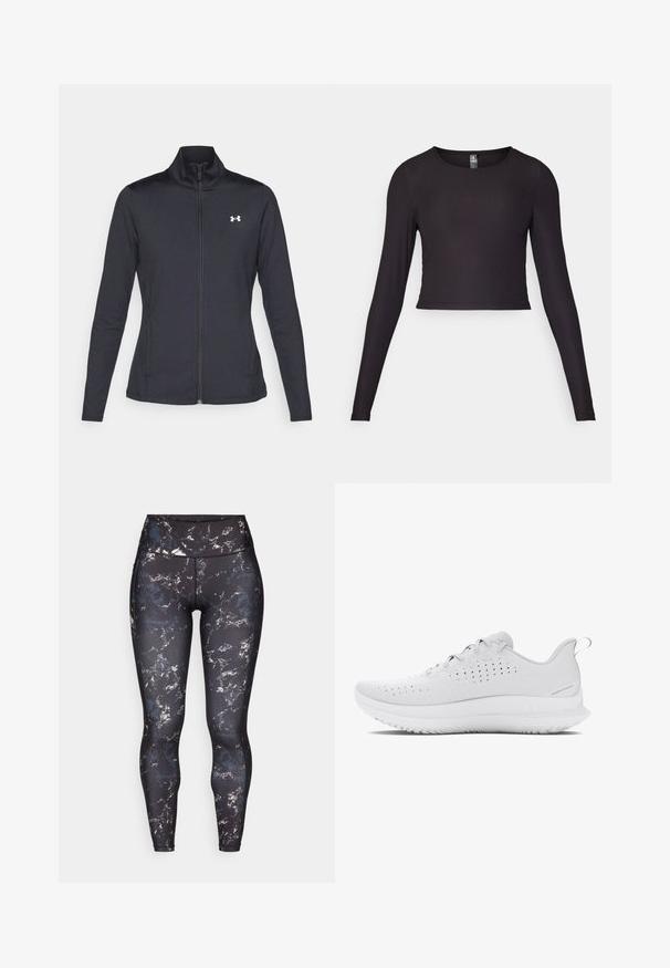 Schwarze Sportjacke aus glattem, dehnbarem Stoff mit hohem Kragen und durchgehendem Reißverschluss, ausgestattet mit einem kleinen weißen Logo auf der oberen linken Seite.; Schwarzes, langärmliges, cropped Oberteil aus Rippstoff. Mit rundem Ausschnitt und figurbetonter Silhouette mit strukturierten Oberflächen.; Hochtaillierte Leggings mit schwarzem Grund und einem marmorierten Muster in gedämpften Farben. Glattes, elastisches Material mit Kontrastnähten und ohne sichtbare Beschläge.; Hellgraue Sportschuhe mit einer strukturierten Oberseite, Perforationen für Atmungsaktivität und einer Gummisohle mit einem markanten Profil.