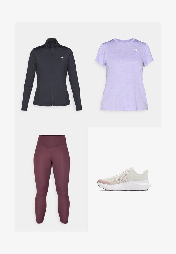 Černá sportovní bunda vyrobená z hladké a elastické textilie, s vysokým límcem a plným zipem, která má malé bílé logo na levé horní části.; Fialové sportovní tričko s krátkým rukávem vyrobené z měkké, strukturální tkaniny, s kulatým výstřihem a malým bílým logem na hrudi.; Vysoké, přiléhavé legíny v bohaté burgundské barvě. Vyrobené z hladkého, elastického materiálu bez viditelných vzorů nebo kovových prvků.; Lehké sportovní boty s prodyšným bílým síťovaným svrškem, gradientními růžovými akcenty a silnou bílou podrážkou s texturovanými detaily.