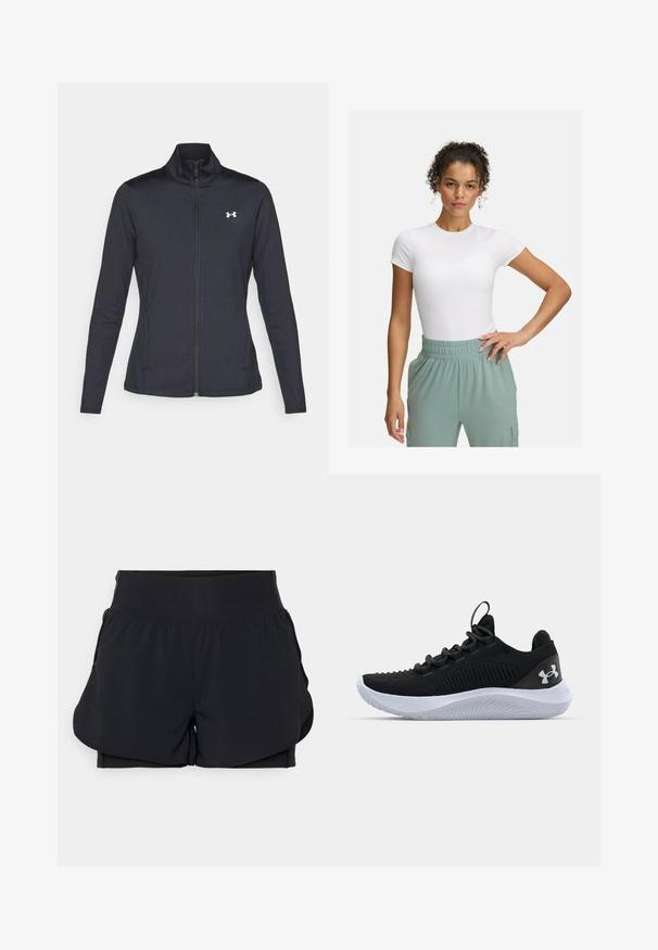 Schwarze Sportjacke aus glattem, dehnbarem Stoff mit hohem Kragen und durchgehendem Reißverschluss, ausgestattet mit einem kleinen weißen Logo auf der oberen linken Seite.; Weißes, körpernahes T-Shirt mit kurzen Ärmeln, kombiniert mit hellgrünen Hosen mit elastischem Bund. Glatte Textur, minimalistisches Design und keine sichtbaren Muster.; Schwarze Sportshorts mit einem geschichteten Design, breitem Bund und innerer Fütterung. Aus glattem, dehnbarem Material hergestellt.; Schwarze Sportschuhe mit einem atmungsaktiven Mesh-Obermaterial, strukturierten Details und einer weißen Gummisohle. Ausgestattet mit flachen Schnürsenkeln und einer Zuglasche an der Ferse.