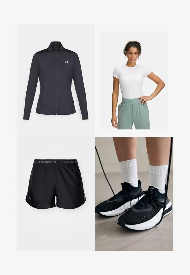 Melnās sporta jakas izgatavotas no gludas, elastīgas auduma ar augstu apkakli un pilnu rāvējslēdzēju, ar nelielu baltu logo augšējā kreisajā pusē.; Balta pieguļoša T-kreklā ar īsām piedurknēm, kombinēta ar gaiši zaļām elastīgām biksēm. Gluda tekstūra, minimālisma dizains, bez redzamām rakstainām detaļām.; Melnas sporta šortus ar platām elastīgām jostām, kurām ir "UNDER ARMOUR" logo pelēkā krāsā. Mīksta, viegla auduma struktūra ar sānu iegriezumiem mobilitātei.; Melni sporta apavi ar strukturētu audumu, balta zole un melni šņores. Valkāti ar baltām ribotām zeķēm, stāvot uz gaišas virsmas.