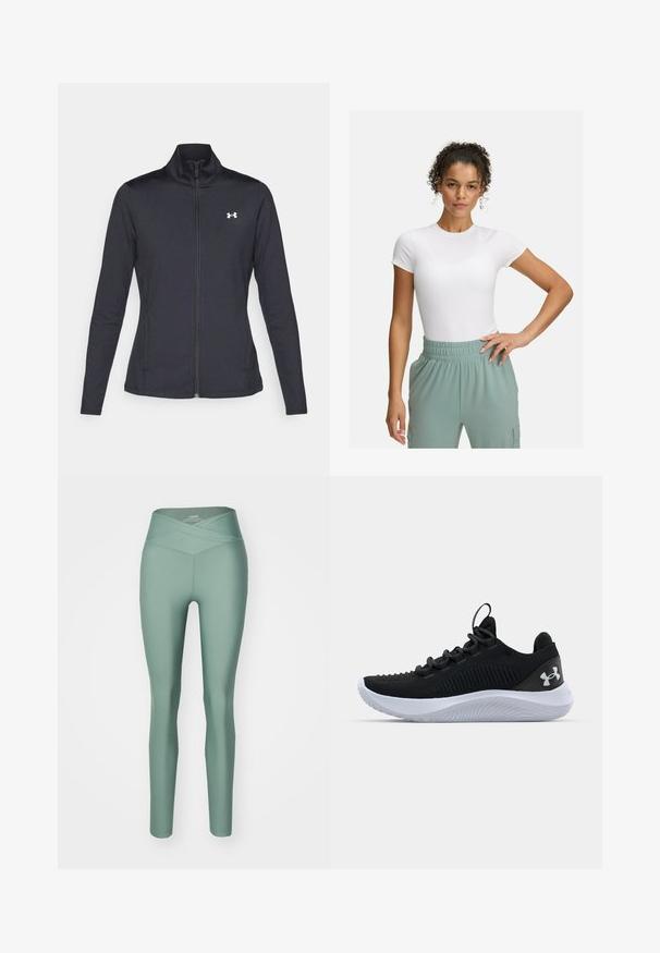 Svart idrottsjacka i slät, elastisk tyg med hög krage och hel dragkedja, med en liten vit logotyp på övre vänstra sidan.; Vit åtsittande t-shirt med korta ärmar, kombinerad med byxor i ljusgrön med resårmidja. Slät textur, minimalistisk design och inga synliga mönster.; Gröna high-waisted leggings med crossover midja, tillverkade av ett stretchigt material, med en mjuk textur och en åtsittande design.; Svarta atletiska skor med ett andningsbart meshtak, texturerade detaljer och en vit gummisula. Har platta skosnören och en hällapp vid hälen.