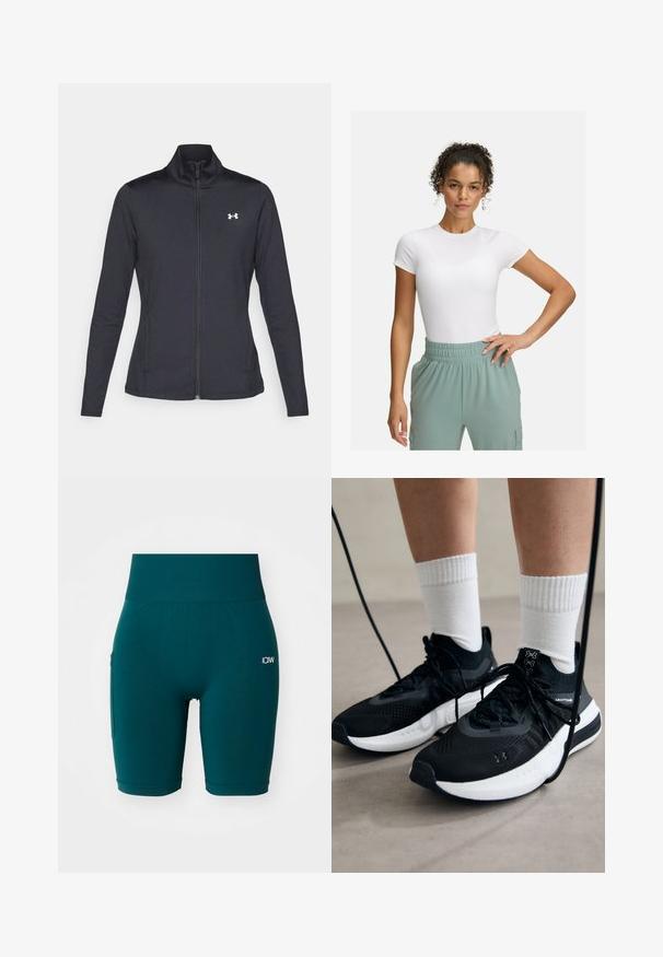 Black athletic jacket made of smooth, stretchy fabric with a high collar and full zipper, featuring a small white logo on the upper left side.; White fitted t-shirt with short sleeves, paired with light green elastic waistband pants. Smooth texture, minimalist design, and no visible patterns.; Teal athletic shorts made of stretchy fabric. High waistband and side pocket. Simple design with small white logo on the front.; Black athletic shoes with textured fabric, white sole, and black laces. Worn with white ribbed socks, standing on a light surface.