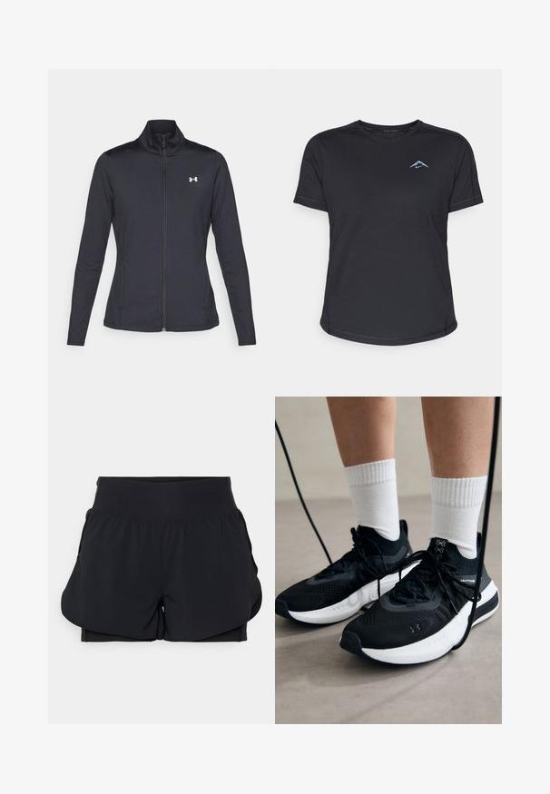 Schwarze Sportjacke aus glattem, dehnbarem Stoff mit hohem Kragen und durchgehendem Reißverschluss, ausgestattet mit einem kleinen weißen Logo auf der oberen linken Seite.; Schwarzes kurzärmliges Sportshirt mit Rundhalsausschnitt, glattem Stoff und reflektierendem blauen Logo auf der linken Brust. Genähte Details entlang der Nähte.; Schwarze Sportshorts mit einem geschichteten Design, breitem Bund und innerer Fütterung. Aus glattem, dehnbarem Material hergestellt.; Schwarze Sportschuhe aus strukturiertem Stoff, mit weißer Sohle und schwarzen Schnürsenkeln. Tragen mit weißen gerippten Socken, stehen auf einer hellen Fläche.