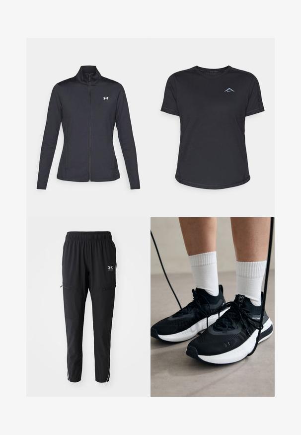 Schwarze Sportjacke aus glattem, dehnbarem Stoff mit hohem Kragen und durchgehendem Reißverschluss, ausgestattet mit einem kleinen weißen Logo auf der oberen linken Seite.; Schwarzes kurzärmliges Sportshirt mit Rundhalsausschnitt, glattem Stoff und reflektierendem blauen Logo auf der linken Brust. Genähte Details entlang der Nähte.; Schwarze Sporthose mit elastischem Bund, seitlichen Taschen mit Reißverschlüssen und kontrastierenden weißen Streifen an den Seiten. Leichtes Material.; Schwarze Sportschuhe aus strukturiertem Stoff, mit weißer Sohle und schwarzen Schnürsenkeln. Tragen mit weißen gerippten Socken, stehen auf einer hellen Fläche.