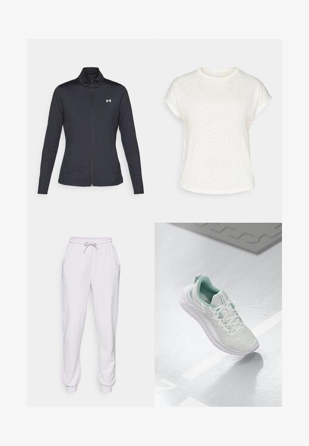 Schwarze Sportjacke aus glattem, dehnbarem Stoff mit hohem Kragen und durchgehendem Reißverschluss, ausgestattet mit einem kleinen weißen Logo auf der oberen linken Seite.; Weißes T-Shirt mit kurzen Ärmeln, das ein strukturiertes Blumenmuster, einen runden Halsausschnitt und einen lässigen Schnitt aufweist. Hergestellt aus weichem, leichtem Stoff.; Helle graue Sweatpants aus weichem Stoff, mit elastischem Bund und Kordelzug, Seitentaschen und schmal zulaufenden Beinen mit gerippten Bündchen.; Hellgraue Sportchuhe mit einem strukturierten Strickoberteil, mintgrünen Akzenten, weißen Schnürsenkeln, Gummisohle und einer Schlaufe an der Ferse.